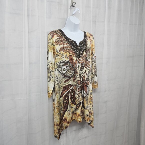 Simply Emma Blouse Grunge Whimsigoth Retro Floral Beaded Brown Green 1X - Picture 5 of 12